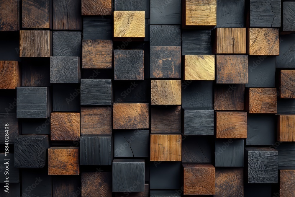 Poster dynamic background of textured wooden blocks with rich patterns and depth against a dark backdrop