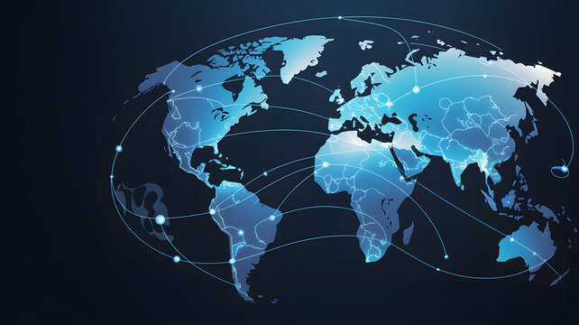 A connected world map with glowing blue lines linking major cities, ultra-realistic depth, pristine post-processing