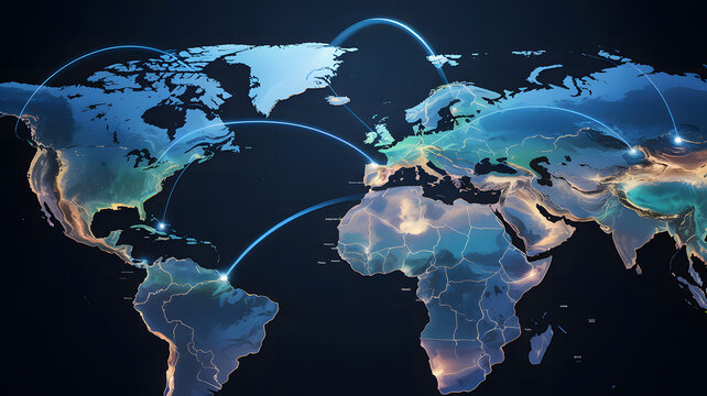 A connected world map with glowing blue lines linking major cities, ultra-realistic depth, pristine post-processing