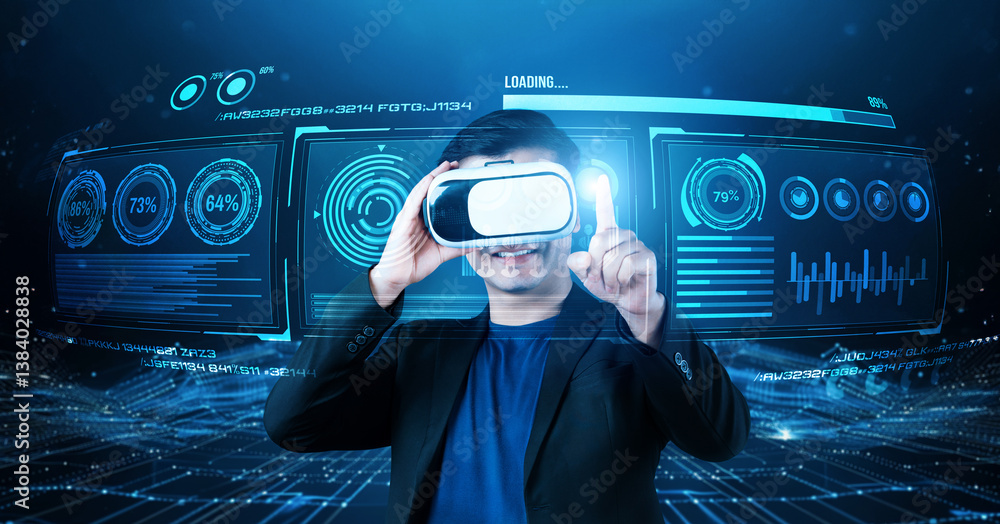 Poster smart business man with goggles working while using ai technology. manager accessing at global netwo
