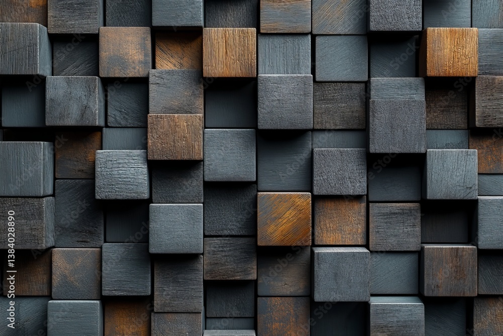 Poster textured wooden blocks in diverse shades create depth against a dark backdrop for visual impact