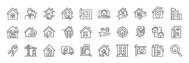 Real Estate line icon set. Included property, buying, house, apartment, real estate developer, real estate agent, real estate investment, lease agreement and more. Editable stroke. Vector illustration