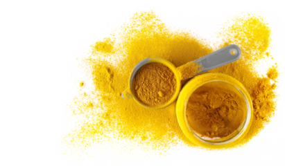 Turmeric powder, glass jar and sieve, isolated on white background, clipping path	