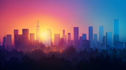 Fototapeta premium Colorful City Skyline at Sunrise or Sunset with Trees