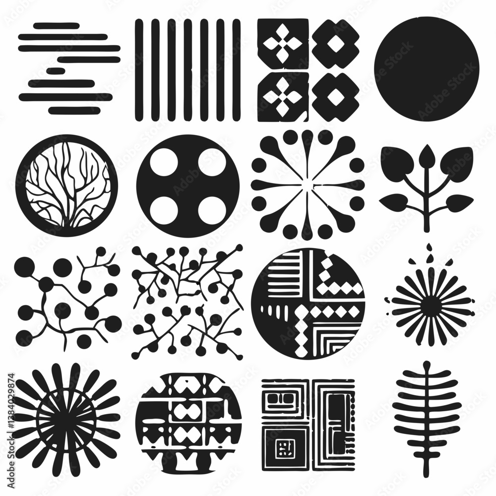 Poster abstract design elements: a collection of diverse black and white abstract design elements arranged 