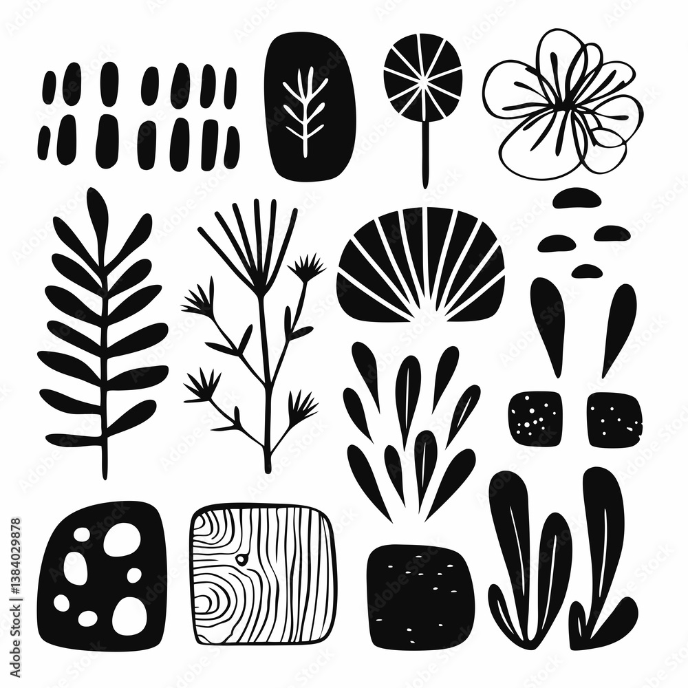 Aufkleber artistic botanical elements: a collection of stylized botanical elements and shapes, drawn in a mini
