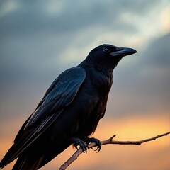 a black raven on a branch against a cloudy sky