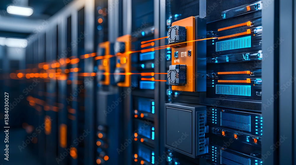Poster close up view of modern data center server racks