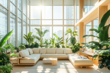 Fototapeta premium Bright solarpunk living room with glass walls, indoor plants, solar lighting, and wood textures
