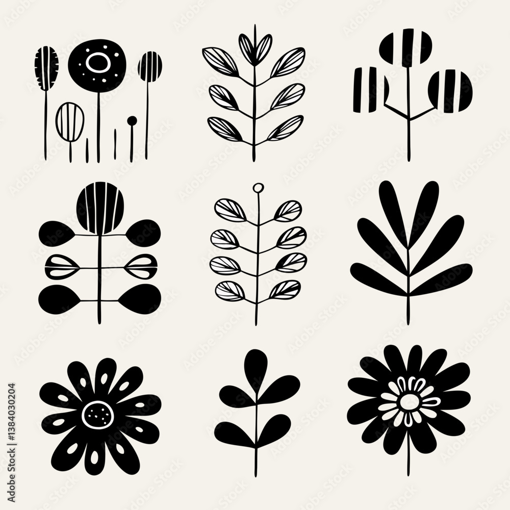 Poster botanical elements: a collection of elegant black and white botanical illustrations, perfect for add