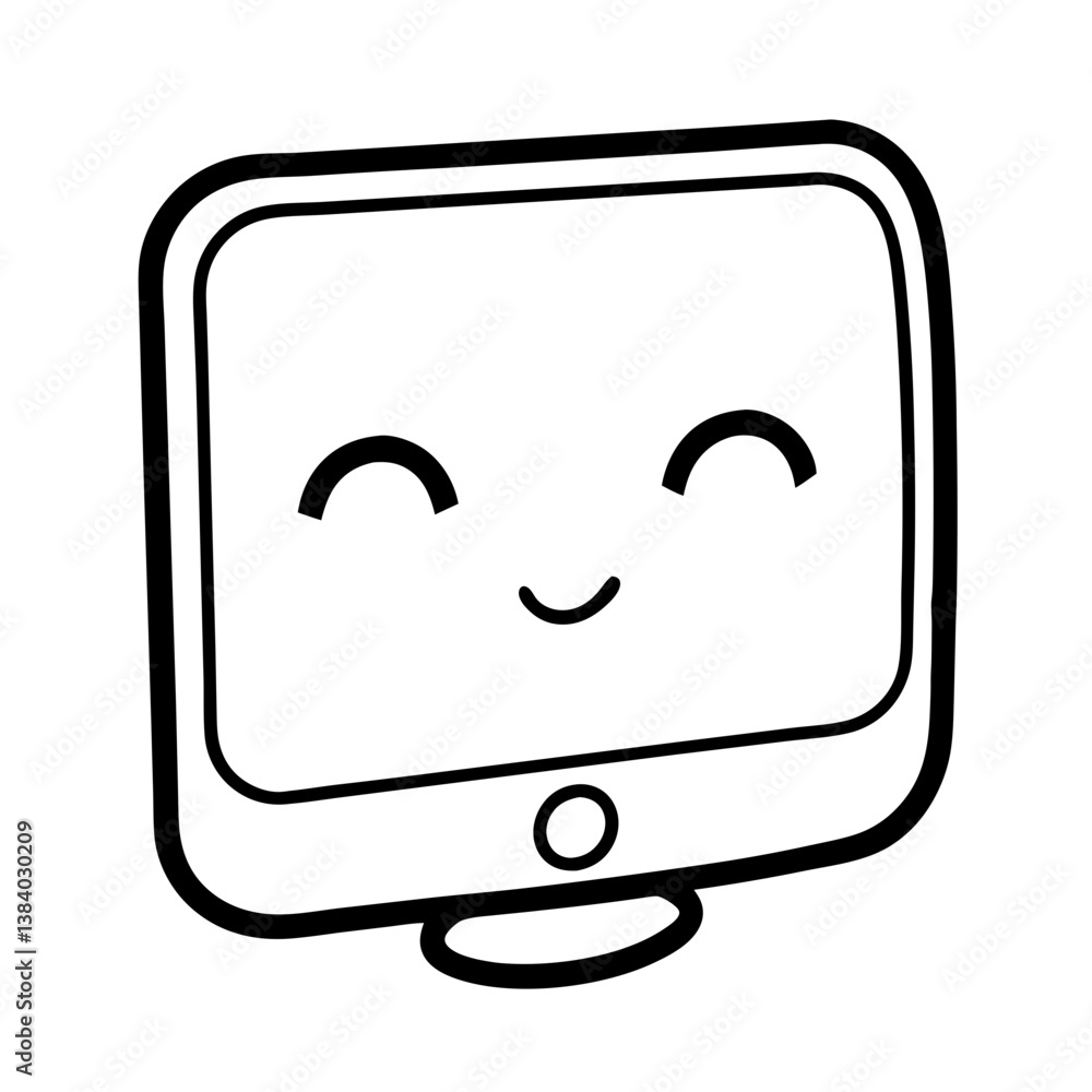 Poster a cheerful computer monitor with a happy face, radiating positivity and friendliness in a simple lin