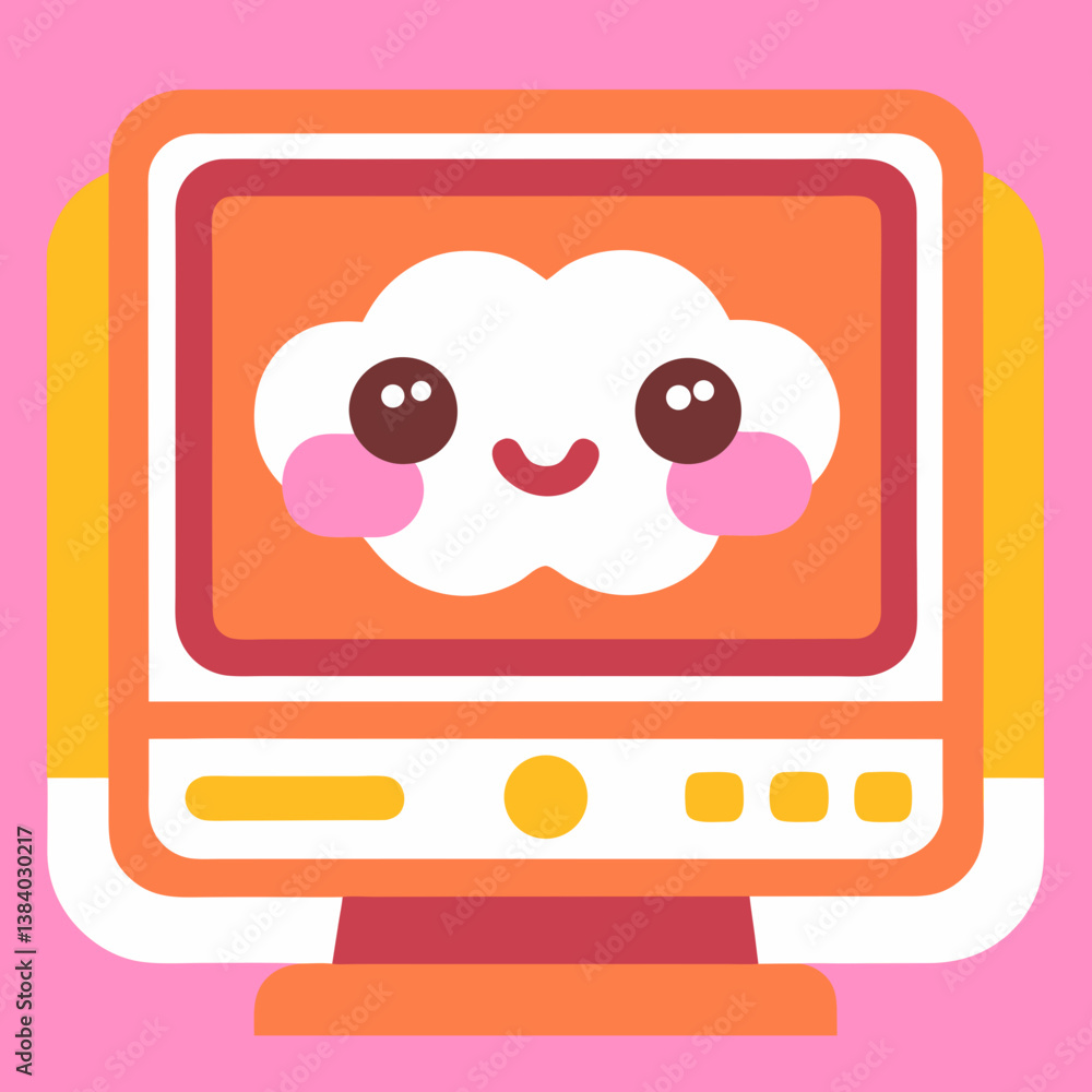 Poster a cheerful cloud smiling on a retro computer screen, showcasing a playful and happy digital world in
