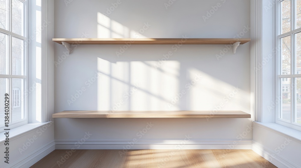 Poster a room with a window and a shelf in it