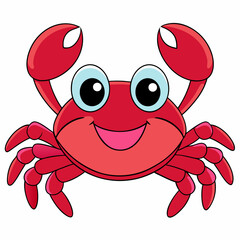 A cheerful, cartoon crab with big, bright eyes and a wide, happy smile, showcasing vibrant red coloring and bold outlines against a clean white background. © Sapla