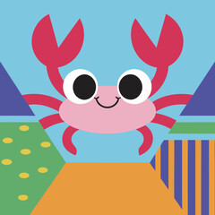 Obraz premium A cheerful crab smiles playfully amidst a vibrant geometric seascape, showcasing bold colors and playful shapes.