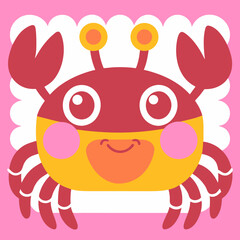 A cheerful crab with rosy cheeks smiles playfully in a whimsical, pink-toned illustration featuring bold colors and a simple, scalloped frame.