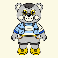 A cheerful gray bear cub, stylishly dressed in a blue striped shirt and denim vest, exudes playful charm with bright yellow shoes against a light beige background.