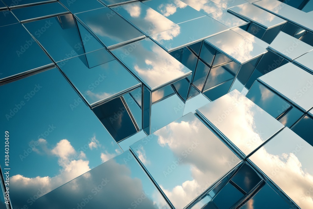 Aufkleber close up of a reflective cube grid distorting the sky, creating a fragmented portal effect