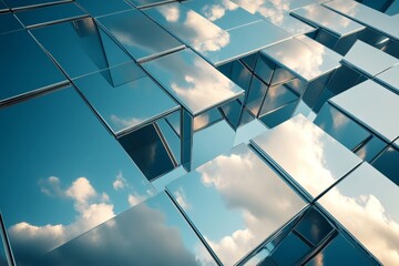 Close up of a reflective cube grid distorting the sky, creating a fragmented portal effect