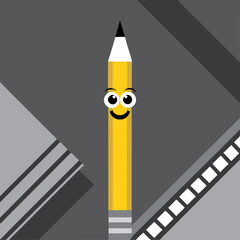 A cheerful yellow pencil with big eyes and a happy smile stands against a bold geometric background of gray and white stripes, radiating joy and creativity.