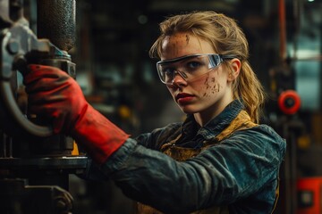 Obraz premium Female industrial worker skillfully operates hydraulic press in gritty metal workshop environment