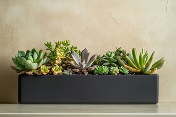 Modern succulent arrangement in rectangular black planter against beige wall decor