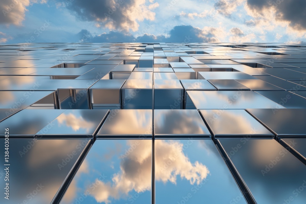 Aufkleber close up of a reflective cube grid distorting the sky with smooth metallic textures and lighting