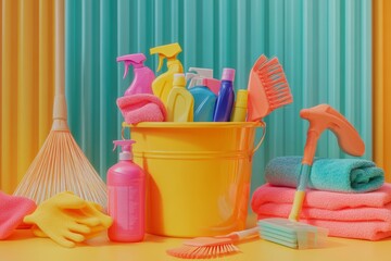 Vibrant cleaning supplies in a yellow bucket surrounded by brooms, gloves, and sprays for stock use