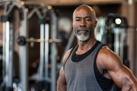 Portrait of a middle aged male African American fitness trainer in workout attire at the gym