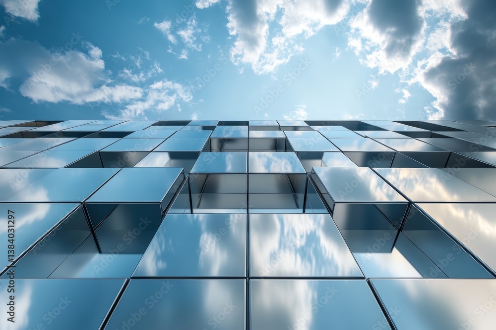 Poster futuristic grid of reflective metallic cubes with abstract cloud patterns mirroring the sky above