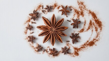A symmetrical arrangement of star anise pods forming a flower-like design surrounded by small swirls of clove powder on a simple white surface