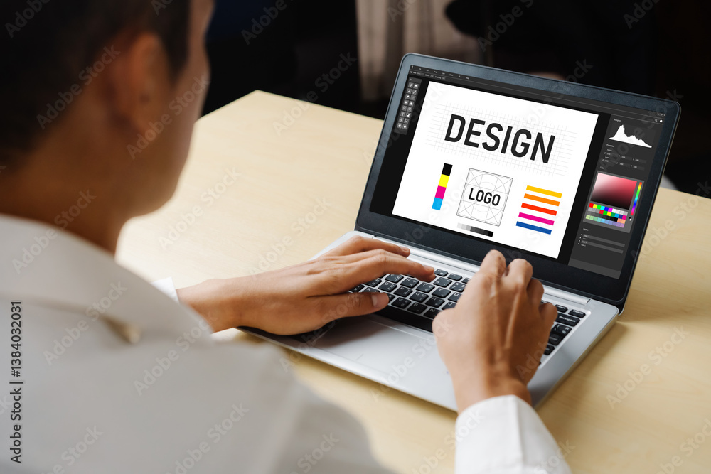 Aufkleber graphic designer software for modern design of web page and commercial ads showing on the computer s