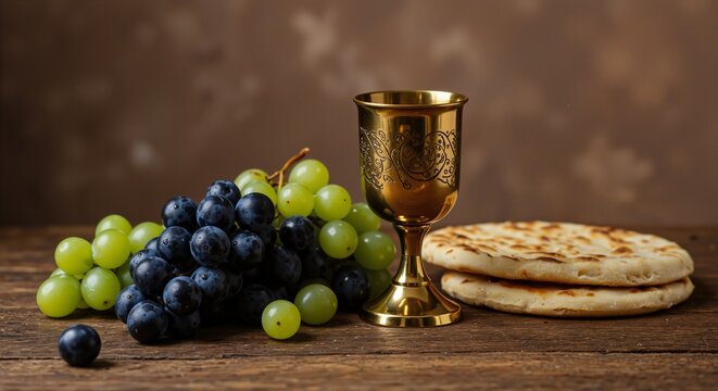 Grapes, golden chalice, and bread in rustic colors representing Communion or Eucharist