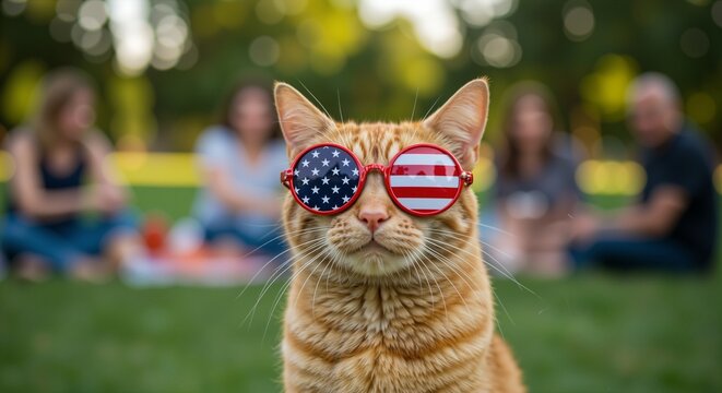 Orange cat wearing American flag sunglasses with people in the background enjoying a picnic outdoors, conveying a cheerful and fun atmosphere