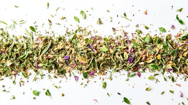 A vibrant composition of dried herbs like rosemary and oregano forming abstract triangular patterns