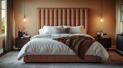 Cozy modern bedroom with elegant bed design and warm lighting ambiance