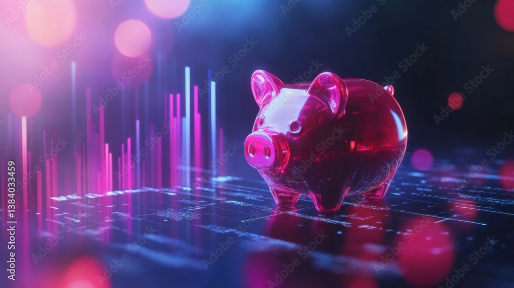 Poster a piggy bank sitting on top of a computer keyboard
