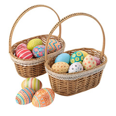 Collection of Easter eggs in a basket and nest on a white background.