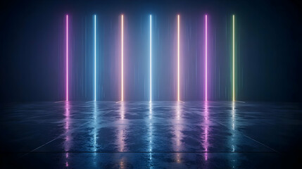 Multicolored Neon Light Beams On Reflective Wet Concrete Floor