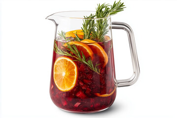 Glass pitcher of chilled fruit compote with citrus and herbs