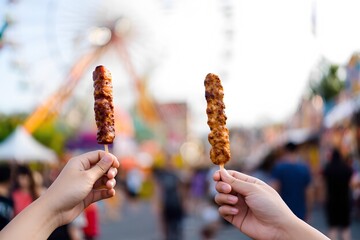 Two hands hold savory skewers of food against the lively backdrop of a fairground, filled with colorful lights and crowds enjoying various attractions at dusk.