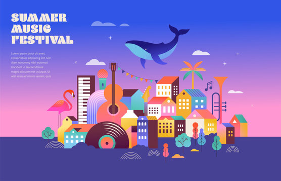 Colorful geometric summer music festival background, poster, banner. Summer time fun concept design promotion design. Vector illustration