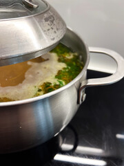 A Healthy Cooking Pot filled with Fresh Vegetables simmering in Boiling Water on the stove