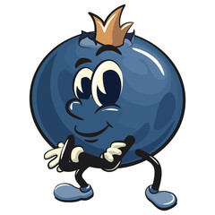 Cute blueberry fruit vektor illustration mascot character crowned like a king while folding his arms calmly, work of hand drawn