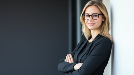 Professional woman posing confidently against a dark background.