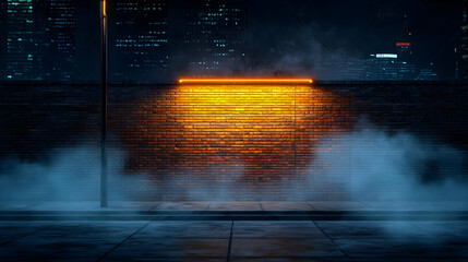 Urban Night Street Scene With Neon Light And Fog