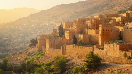Obraz premium Ancient walled city resembling Jericho, symbolizing biblical conquests, Israelite history, and the divine fulfillment of Old Testament prophecy.