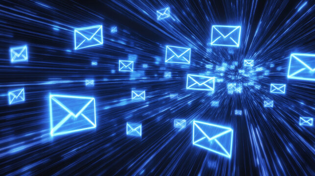 Digital marketing strategy. Announce promotions and campaigns via email and social media. Marketer using laptop computer to manage targeted advertising.