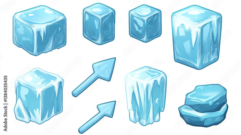 Aufkleber game asset of blue ice crystal buttons, cartoon vector set. menu interface of iced textured blocks a