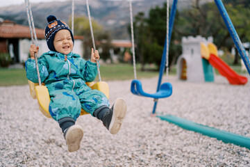 Little laughing girl swings on a swing in the park